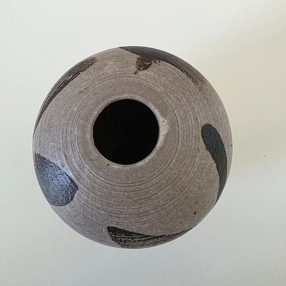 Vintage Studio Pottery Modernist Vase Round Brown Black Brushstroke Design - Picture 3 of 14